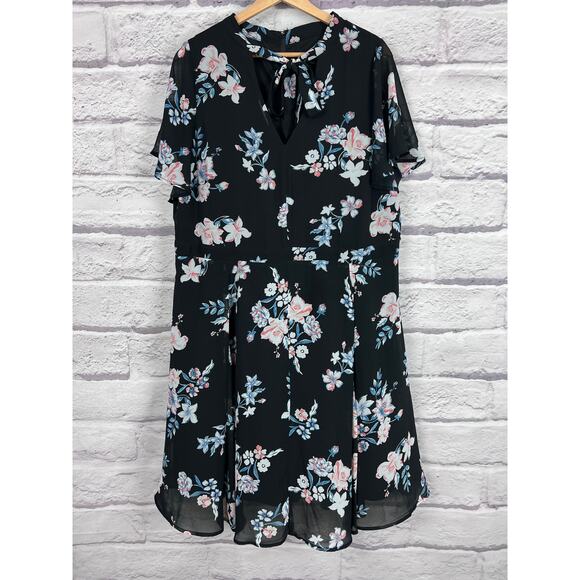 TORRID Womens 16 Black Floral Print Chiffon Tie Neck Flutter Sleeve Skater Dress - Picture 5 of 15